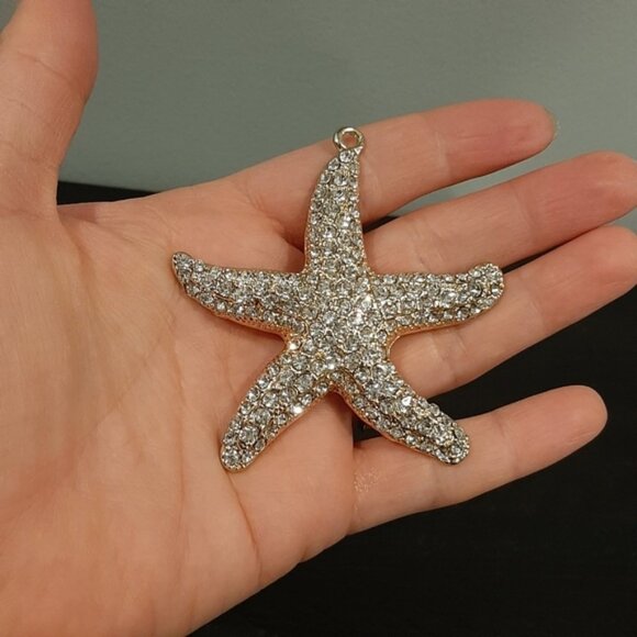 SET Of 2 Necklace Pendants Gold Dipped Genuine Abalone Shell Rhinestone Starfish - Picture 6 of 13